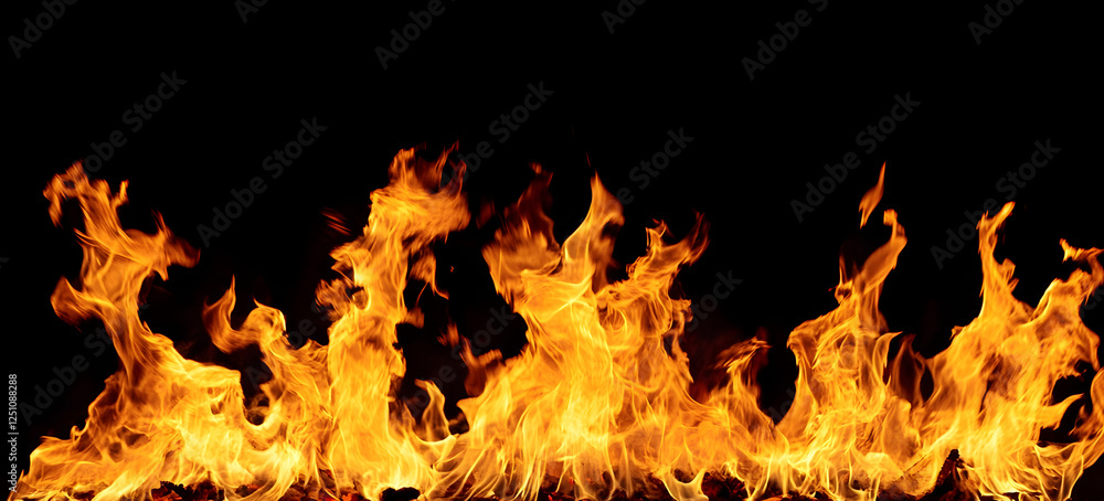 Poster dramatic image of a raging fiery blaze with intense orange and yellow flames dancing and crackling s