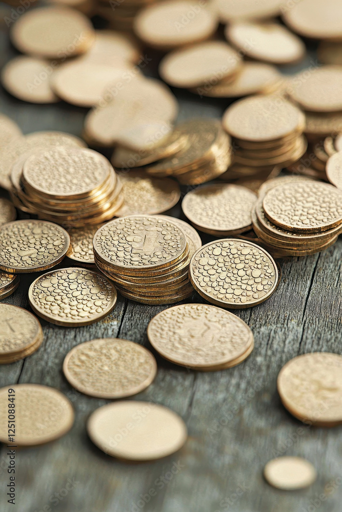 Poster exploring the intricacies of currency: a close-up view of stacked coins on a rustic wooden surface, 