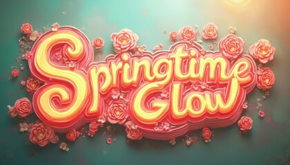 Fototapeta premium Radiant 'Springtime Glow' Text Art Adorned with Blooming Pink Flowers