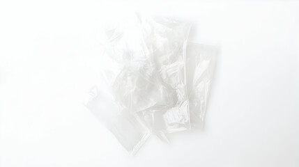 Plastic bags pile on white surface. Discarded wrap for food. Eco-friendly. Stock photo for packaging design, or nature protection blog