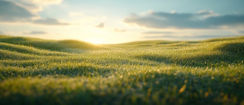 Sunset over rolling green hills. Peaceful nature scene