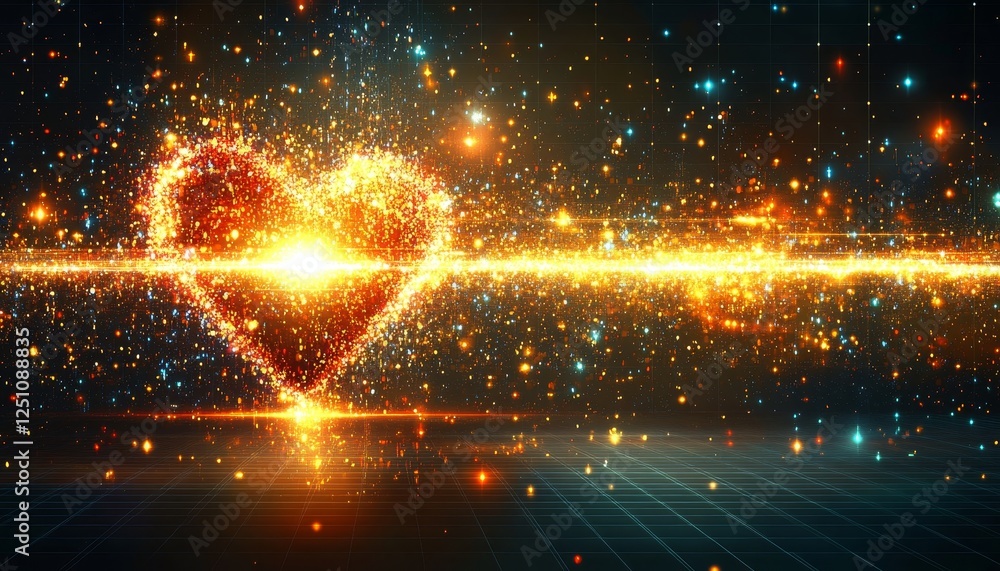 Poster glowing red heart on a grid background abstract digital art with bright colors, bokeh and lines