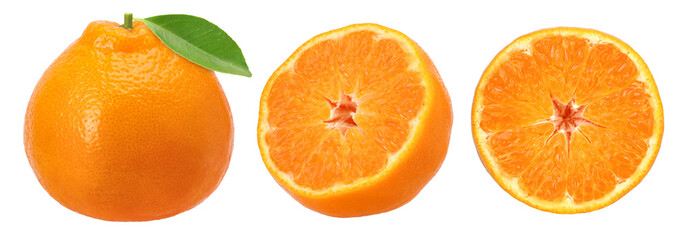 Orange fruit (Sumo Orange) with leaves, half and slices isolated, Orange fruit macro studio photo, transparent PNG, collection, PNG format, cut out.