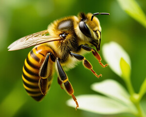 bee on a flower honey bee in flight with a soft green background. The detailed fur, transparent wings, and black-and-yellow striped body are sharply visible, creating a highly realistic 