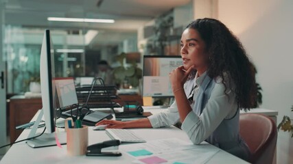 Idea, typing or business woman on computer in office for planning, campaign or problem solving. Technology, writing or worker reading online, thinking or marketing consultant with inspiration for ads