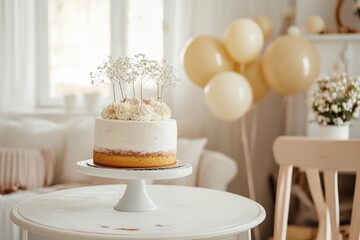 Delicate baby themed cake on a table in a cozy home setting for a special celebration or gathering. Generative AI