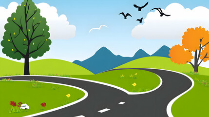 Road winding through green hills, cartoon style. Birds flying, car driving. Suitable for children's books, websites, or educational materials