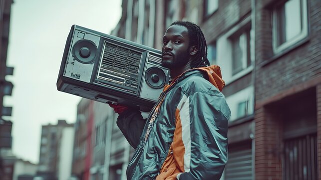 A man in a tracksuit carrying a large boombox on his shoulder, walking confidently through an urban neighborhood