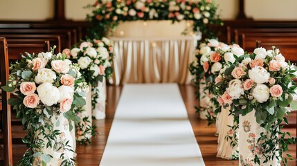 Wedding Runner Draped and Altar, A beautifully decorated wedding aisle lined with floral arrangements and a romantic backdrop, creating an elegant atmosphere for the ceremony.