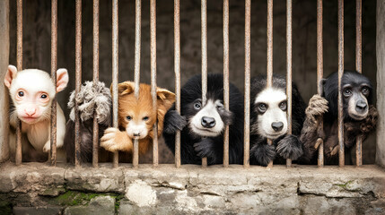 Row of rescued bear cubs look out from their cage at a sanctuary. Raising awareness for animal rights and conservation