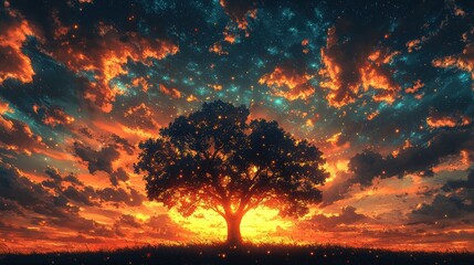 A majestic tree silhouetted against a vibrant sunset sky filled with clouds.