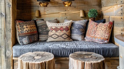 Cozy Rustic Seating Area with Upcycled Fabric Cushions and Handmade Wooden Side Tables