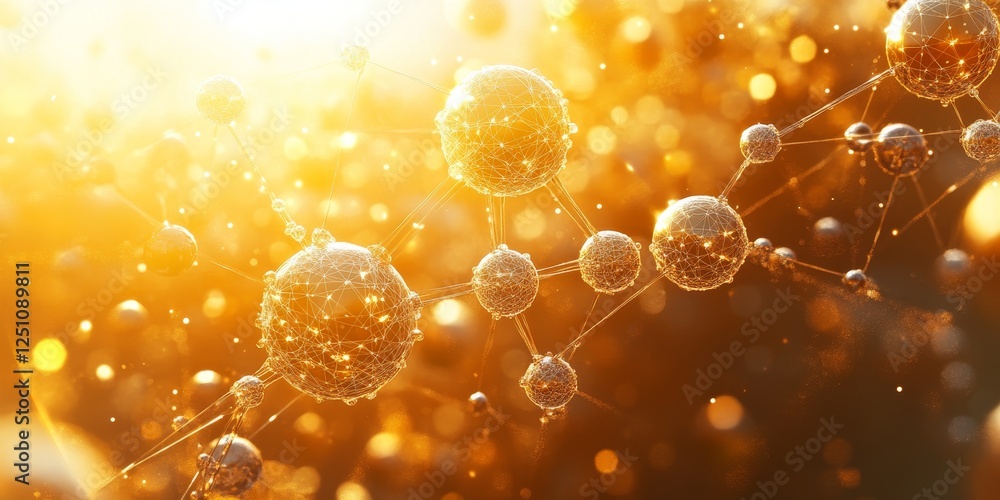 Poster golden network of interconnected spheres, abstract structure with vivid palette and sharp details