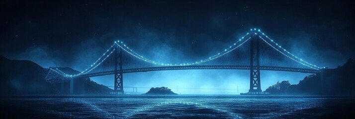 Fototapeta premium Illuminated Suspension Bridge in Fog, Night Cityscape with Blue Lights, Architectural Landmark