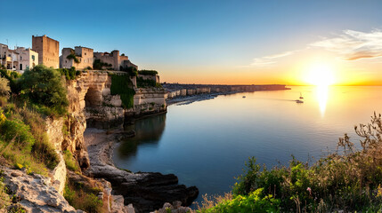 Scenic sunset over the sea by the coastal village in Puglia. Vacation destination for travel and tourism with boats and clear skies