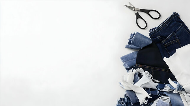 Scissors and denim scraps on white. Upcycling fabrics for DIY. Space for text, ideal background image for blogs and creative businesses