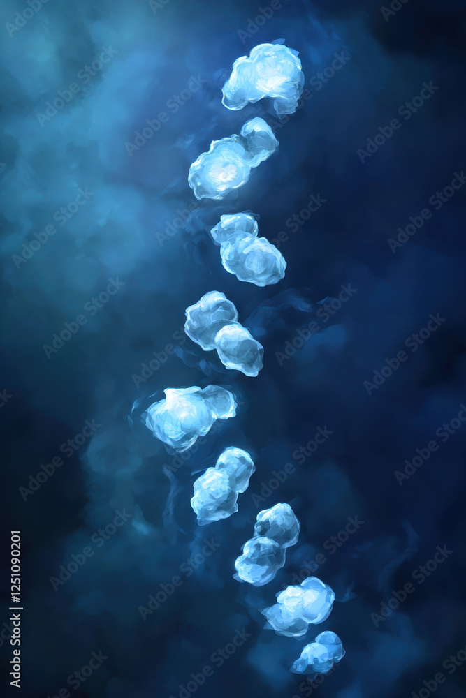 Poster explore the ethereal beauty of soft floating clouds in a blue atmosphere - a tranquil view of natura