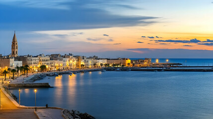 Seaside town glows at dusk, calm sea and bright lights, seen for travel guides, website backgrounds, or wall art of Apulia, Italy