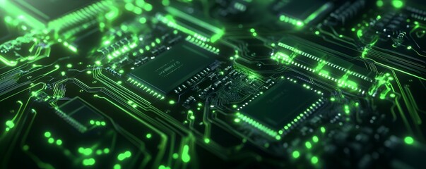 High-tech circuit board with glowing microchips and intricate electrical connections in green and black theme