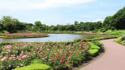 Serene lake reflecting lush greenery amidst vibrant rose bushes in a city park, perfect for nature, tranquility, and travel content