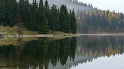 Serene lake mirroring pine forest in fall, misty hills backdrop. Potential for scenic wallpaper, nature documentary, outdoor adventure promotions