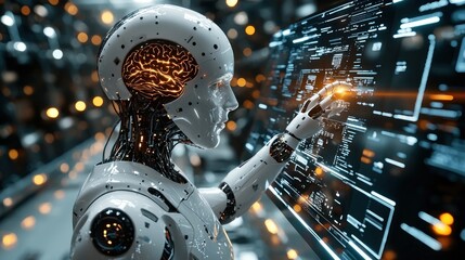 Futuristic robot interacting with a digital interface in a high-tech environment