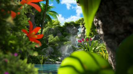Serene waterfall cascading into a pool amidst vibrant tropical flora, ideal for nature tourism promotion or relaxation visuals