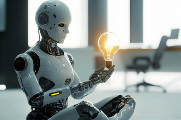 Naklejka premium Futuristic android holding a glowing light bulb in modern office setting