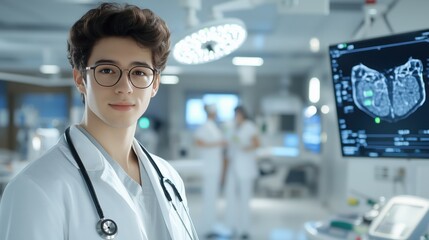 doctor in hospital uses tablet with digital brain hologram. 
