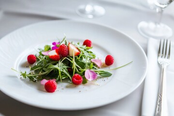 Delicious and healthy gourmet breakfast. Vegetarian dietary fresh salad of fruits and greens.