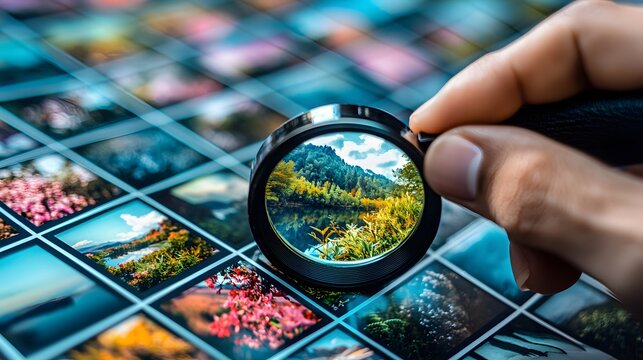 A photographer holding a magnifying loupe, examining a contact sheet with images of a scenic landscape