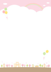 春の学校とスクールバスのあるおしゃれな街並みと桜の風景07