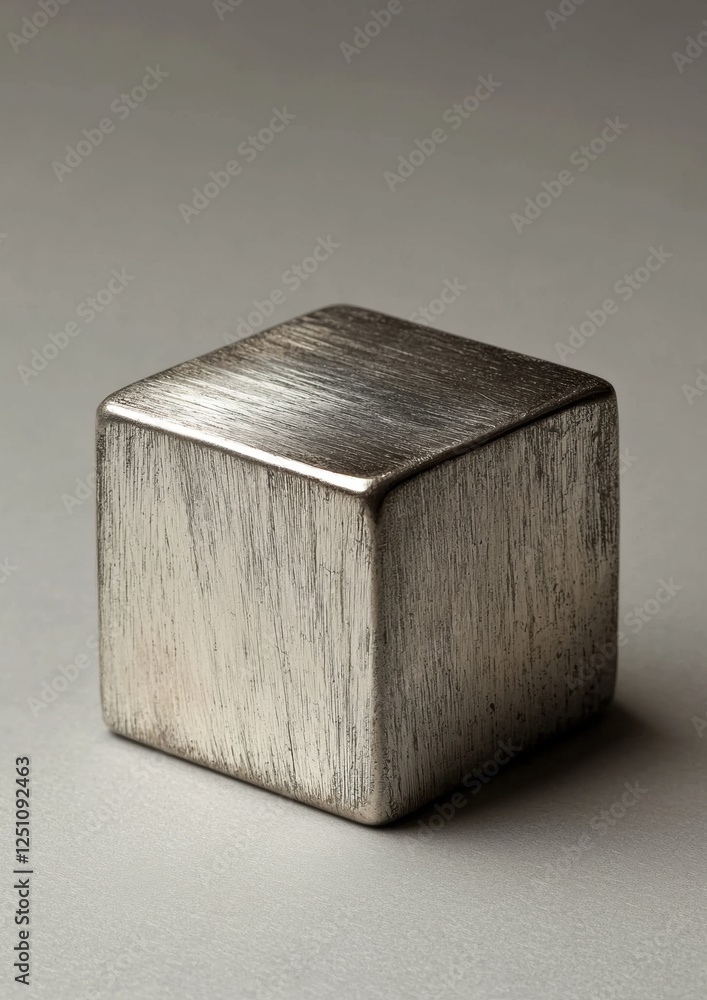 Poster close-up of a small cube-shaped object. the cube appears to be made of metal and has a textured surf