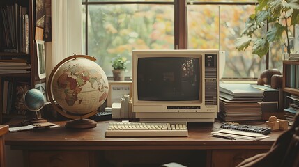A retro workspace with an IBM PC, a globe, and a stack of old computer manuals on a wooden desk
