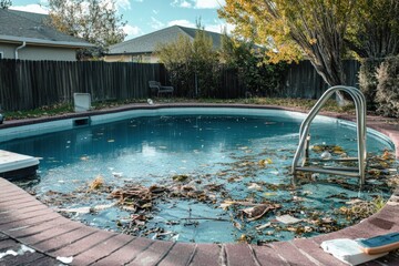 Backyard pool filled with debris and leaves under a clear blue sky in late fall. Generative AI