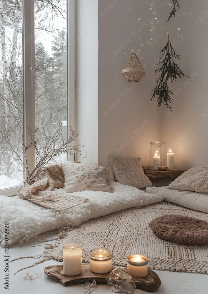 Poster cozy bedroom with a large window on the left side. the window is covered with white curtains and has