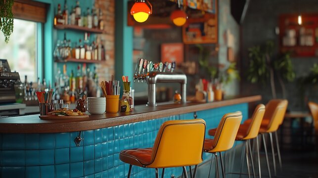 Retro bar interior, teal tiles, yellow stools