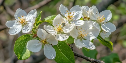 Fototapeta premium Springtime Bloom A Close-Up of Delicate White Flowers on a Branch, Lush Green Foliage