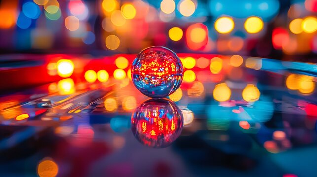A nostalgic shot of a retro pinball machine, its colorful lights reflecting on the glossy surface as the ball launches