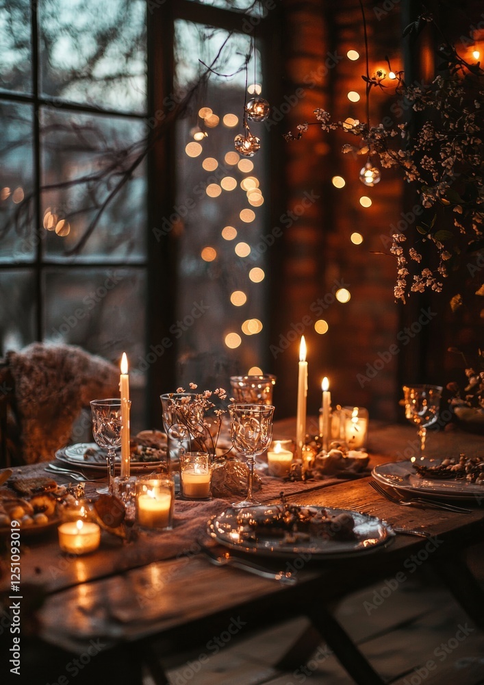 Poster dining table set up for a meal in a dimly lit room with a large window in the background. the table 