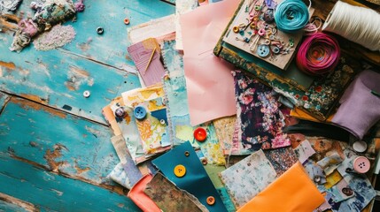 A collection of sewing materials spread out on a blue wooden table.