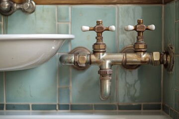 Bathroom sink with disassembled pipes and vintage fixtures in a tiled space ready for plumbing work. Generative AI