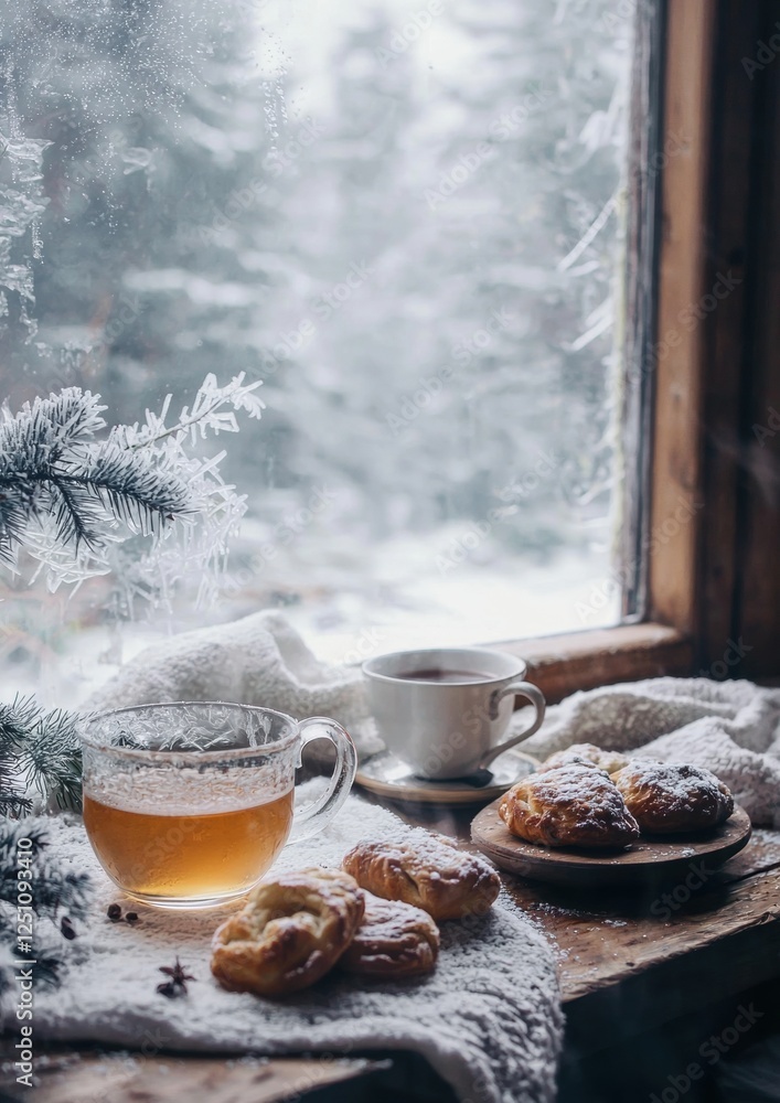 Poster window sill with a cup of tea and a plate of freshly baked pastries on it. the window is covered in 