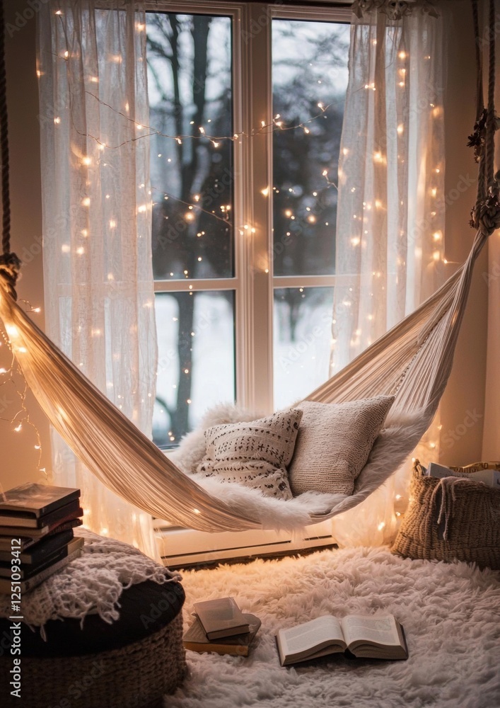 Poster cozy bedroom with a large window in the background. the window is covered with white curtains and is