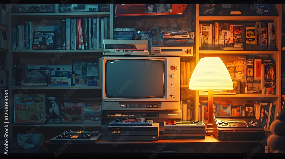 Aufkleber a nostalgic setup featuring a retro console, a pile of game cartridges, and a glowing lamp casting a