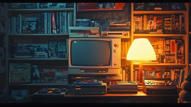 A nostalgic setup featuring a retro console, a pile of game cartridges, and a glowing lamp casting a warm light