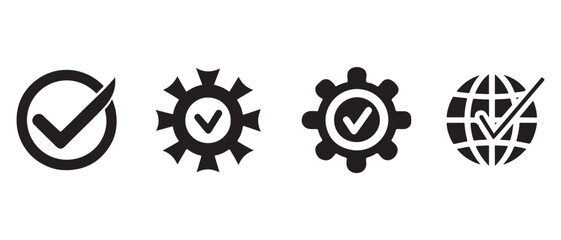 Quality assurance icons set with check mark symbol, gear settings, global certification, approved sign vector