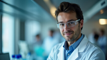 Obraz premium Male Researcher in white coat and safety glasses in a biomedical research laboratory. Scientist with Safety Glasses in a Research and Development Lab.