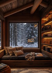 Fototapeta premium Cozy corner of a room with a large window that offers a beautiful view of a snowy forest. the window is framed by wooden walls and has a wooden ceiling with exposed beams.