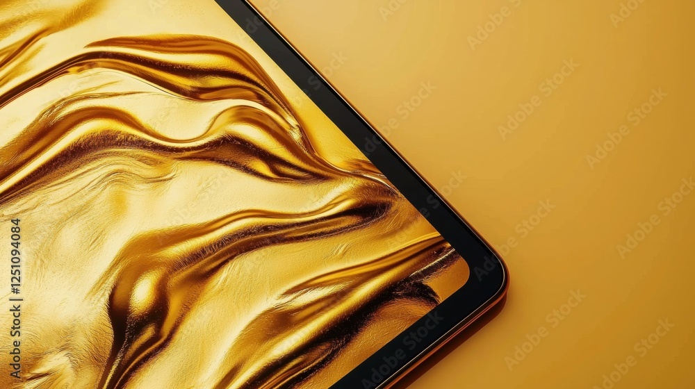 Poster close-up of a smartphone screen with a gold-colored liquid texture. the liquid appears to be flowing